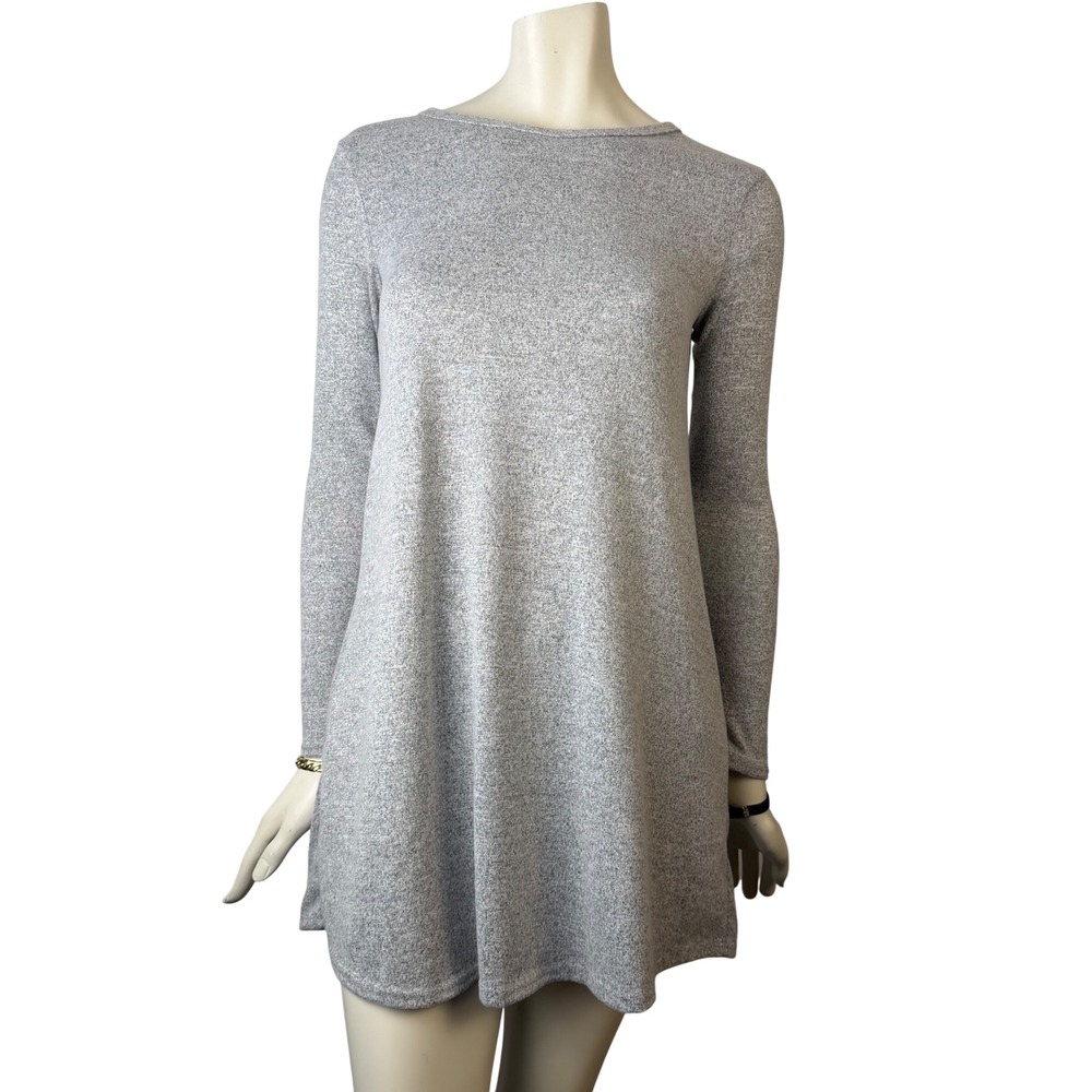 Brit & Bri Long Sleeve Mini Dress Soft Knit Round Neck Heather Grey CleanGirl M